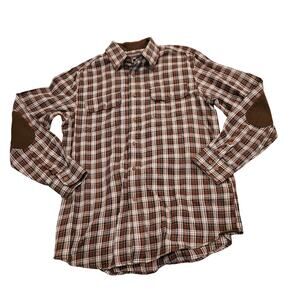 Covington Plaid Button Up Shirt Men Medium Brown Elbow Patch Long Sleeve Casual